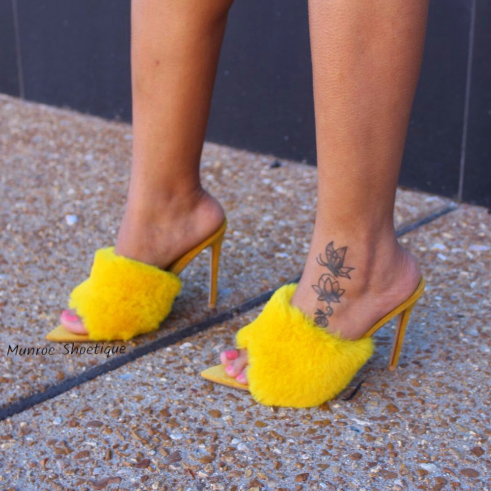 Yellow Faux Fur Mule Heels
